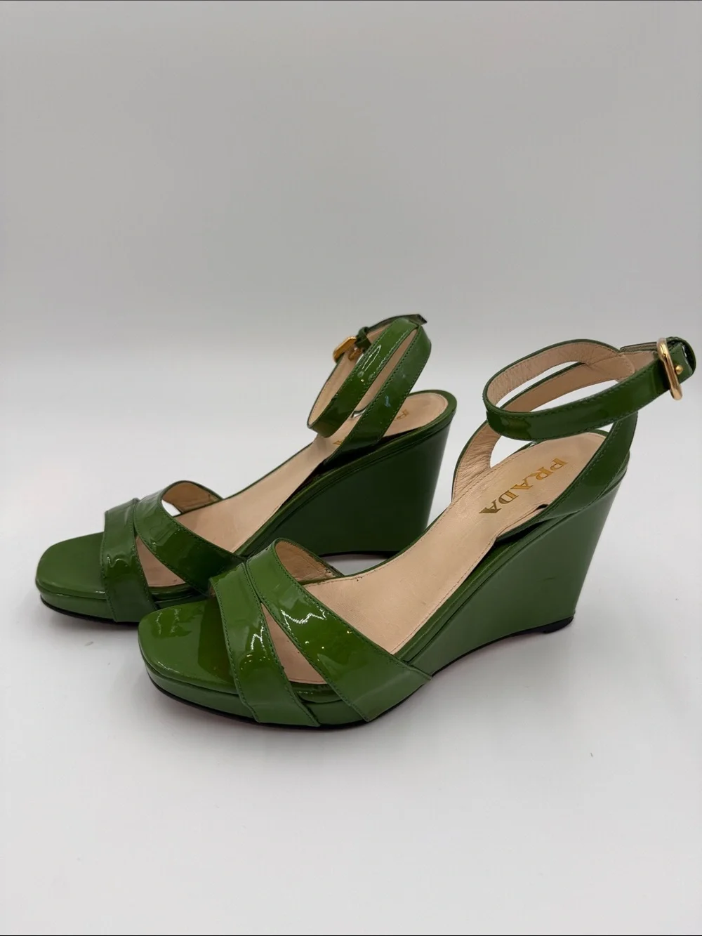 Prada Patent Green Wedge Sandals with Ankle Strap